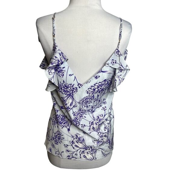 Amanda Uprichard Light Blue Purple Floral Cold Shoulder Flutter Silk Blouse M - Picture 2 of 7